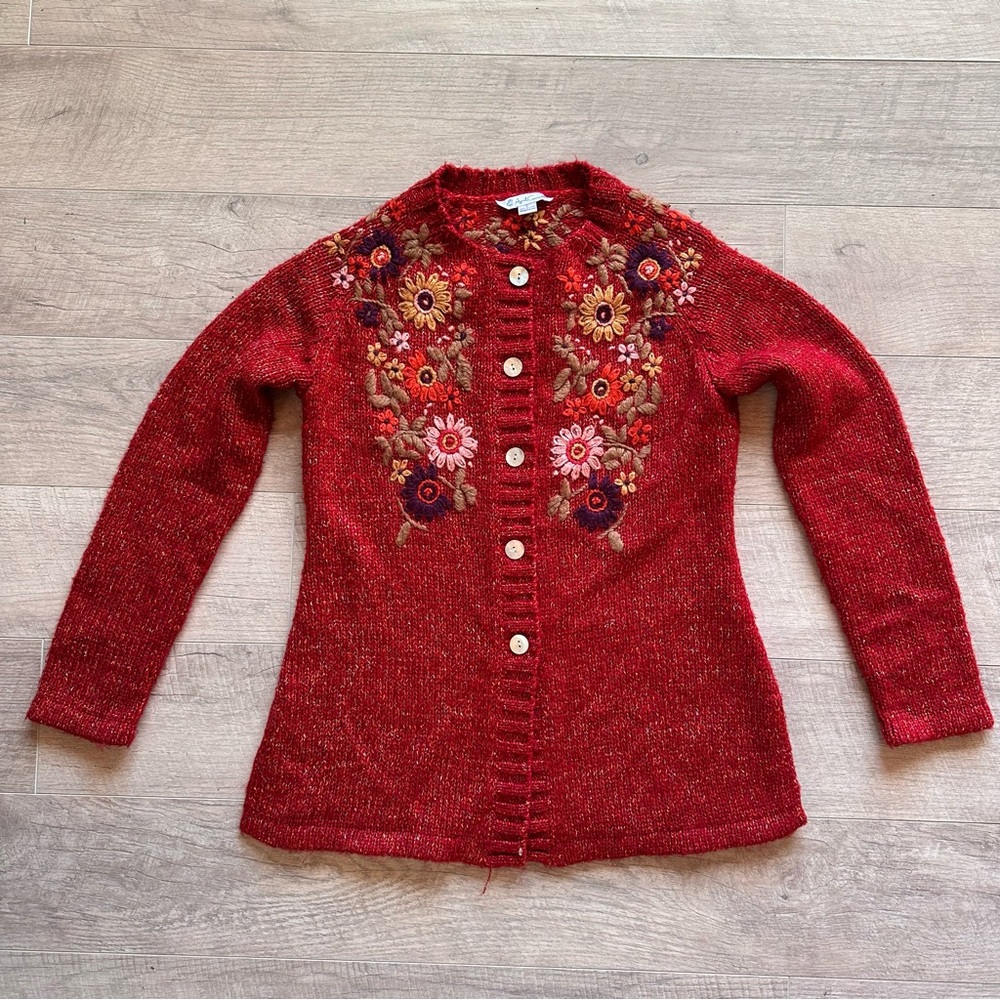Embroidered Red Women's Cardigan Sweater